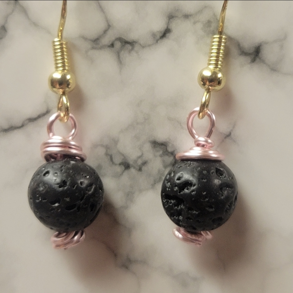 Gold, Rose Gold, and Black Lava Dangle Earrings